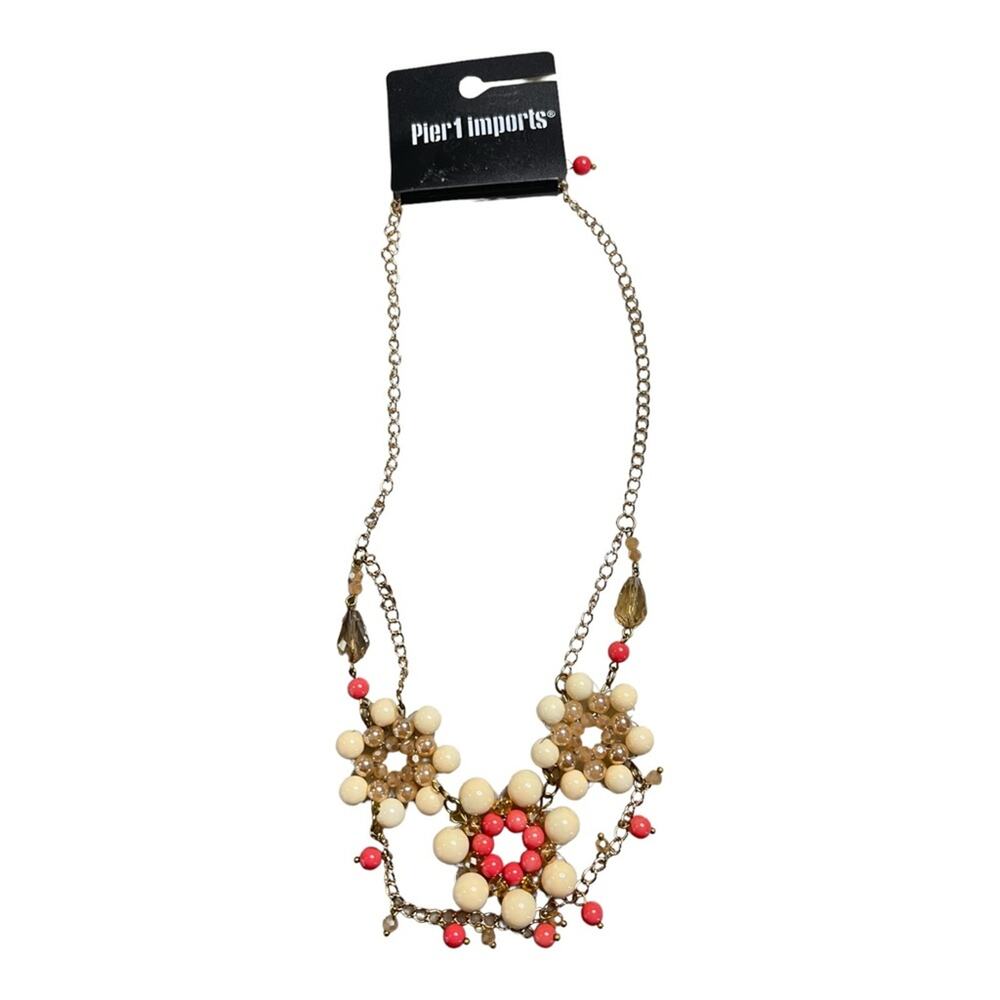 Pier 1 Imports pink beaded floral flower necklace gold tone